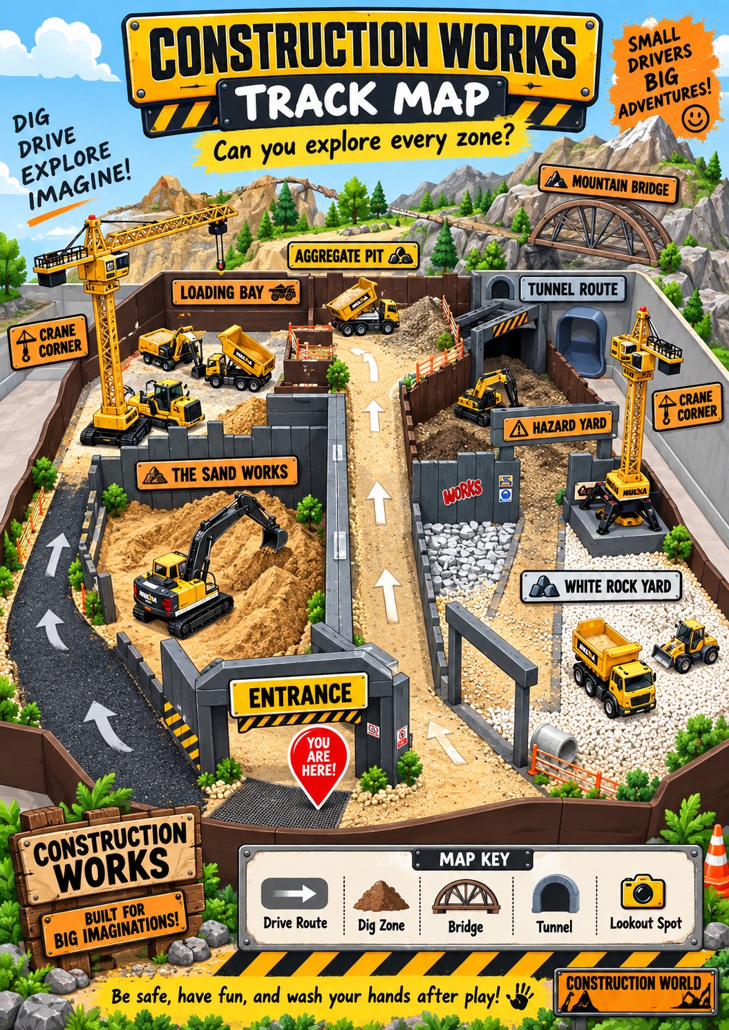 Illustrated map of Crawler World Construction Works showing the Entrance, The Sand Works, Loading Bay, Aggregate Pit, Tunnel Route, Mountain Bridge, Hazard Yard, White Rock Yard and Crane Corner